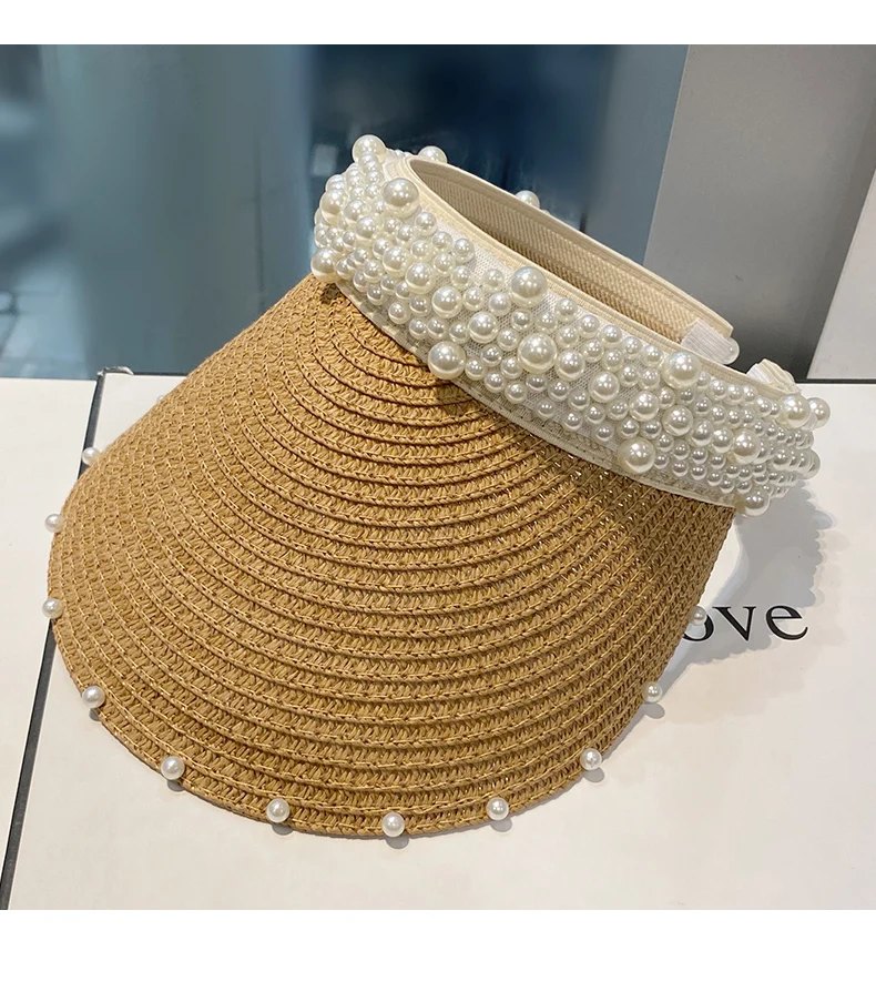 Custom Fashion Pearl Straw Hat Women's Summer Travel Vacation Empty Top Cap Sunscreen Sunshade Sun Visor Hat