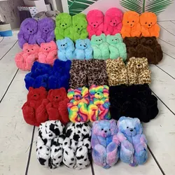 Домашние Симпатичные Зимние пушистые Меховые детские плюшевые тапочки для малышей с медведем мягкие пушистые сланцы для детей плюшевый мишка Тапочки