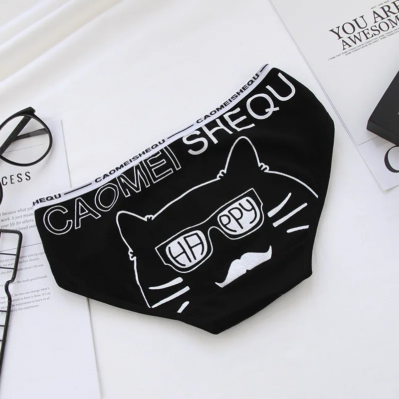 Cheap Printed Cute Cat Cartoon Pattern Briefs Black Low Waist Cotton Panties Women Underwear