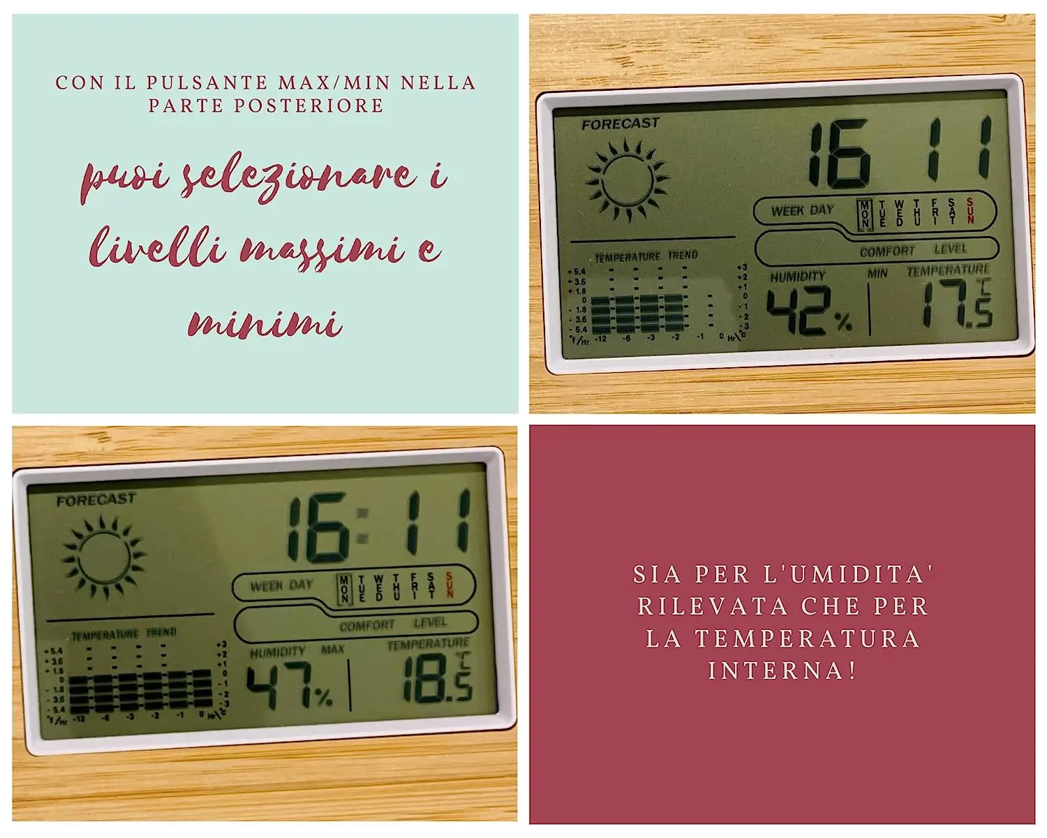 Bamboo Wooden Digital Home Weather Station Alarm Clock with Date,Humidity,Weather Forecast,Temperature