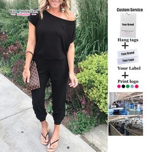 Summer One Piece Long Jumpsuits Loose Casual Women Solid Color Elastic Waist Stretchy Short Sleeve Romper Jumpsuit