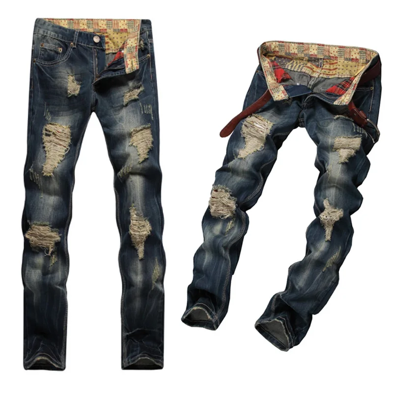 Mens Jeans For Men Denim Pants Straight Fit Destroyed Ripped