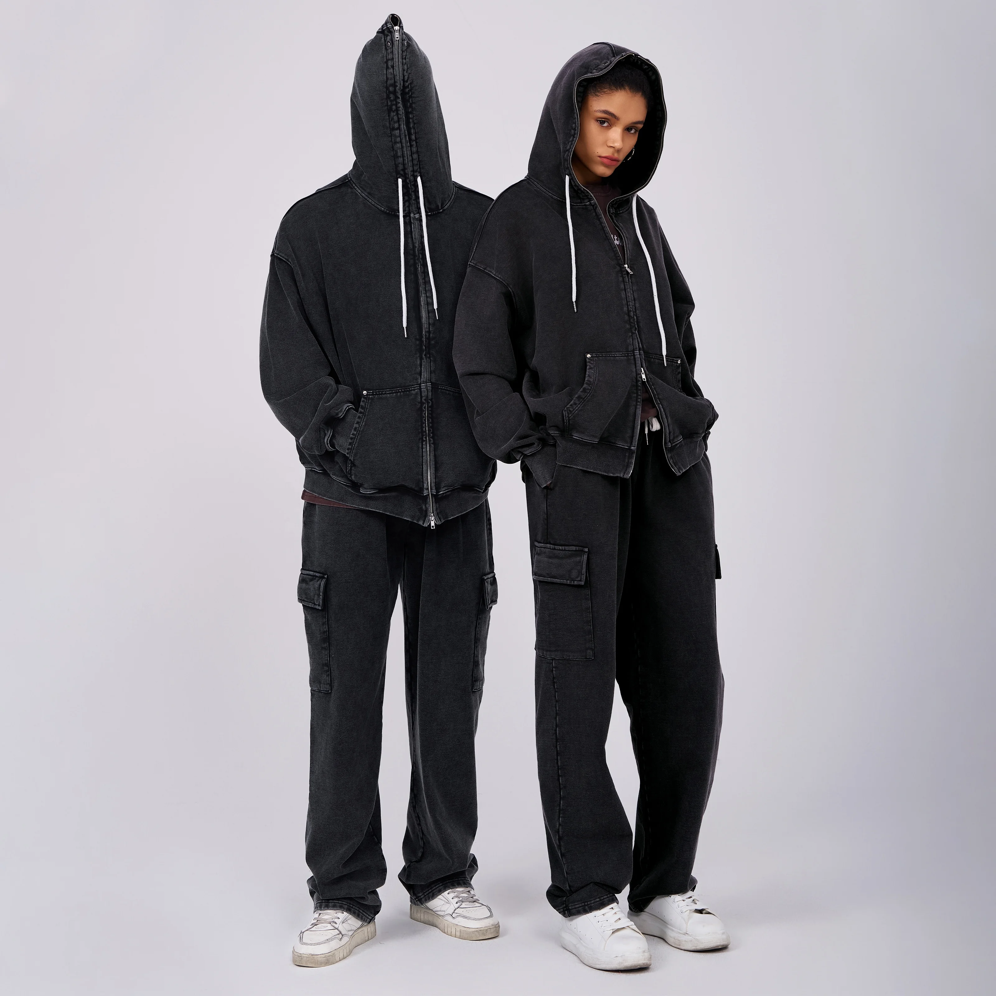 Washed Unisex Full Zip Tracksuit Set - 100% Cotton Hoodie & Cargo