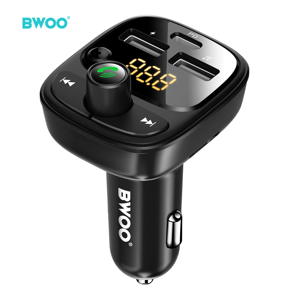 BWOO 30W Type C Dual USB Port Car Charger Adapter Digital Display 3A Fast Charging Car Wireless Fm Transmitter for Mobile Phone
