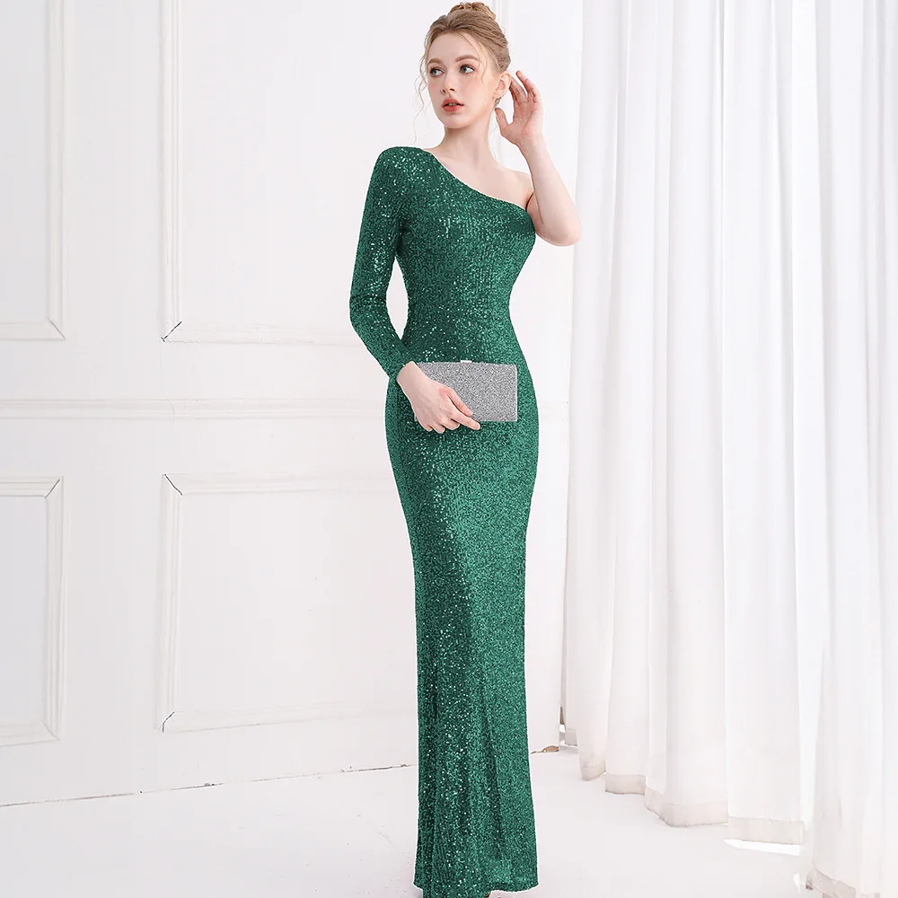Evening Dress Women's Dinner Party Model Company Annual Meeting Host  One-shoulder Long Dress
