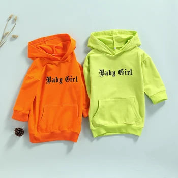 Latest Custom Kids Girls Hoodie Long-sleeved Solid Color Letters Loose Pockets Baby Children's Warm Hoodie Sweatshirt