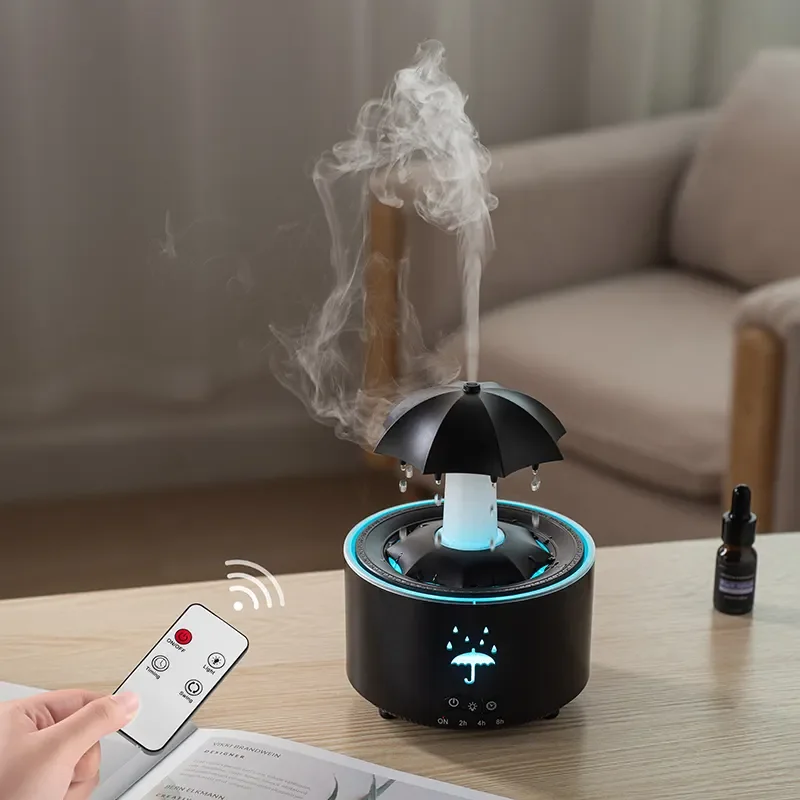 2025 Popular 300ML Ultrasonic Humidifier Household Rain Cloud Aroma Diffuser LED Light Rotating Umbrella Remote Control Plastic