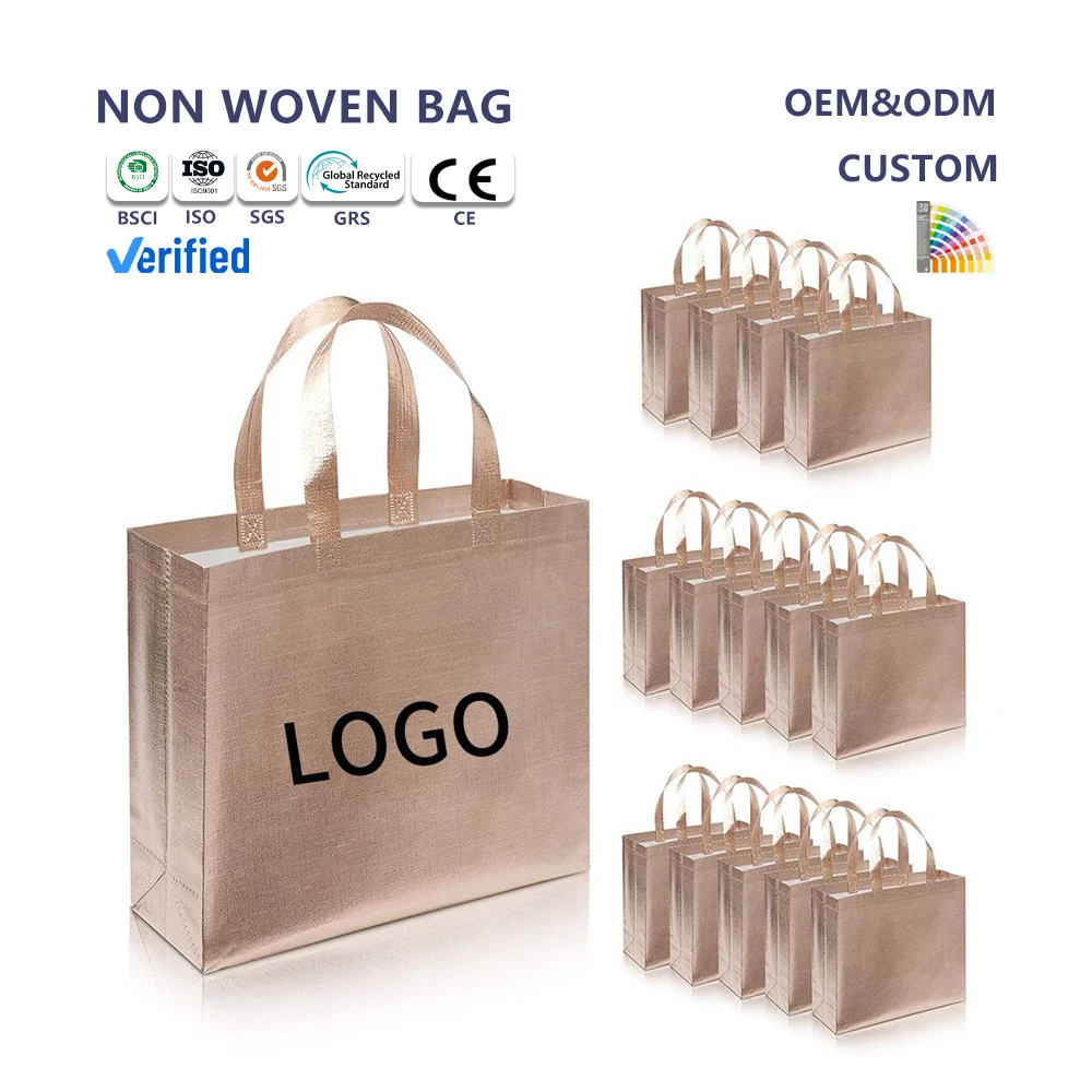 High Quality Gold Handle Bag Fabric Custom Logo Reusable Non Woven Bag Laminated Shopping Bag