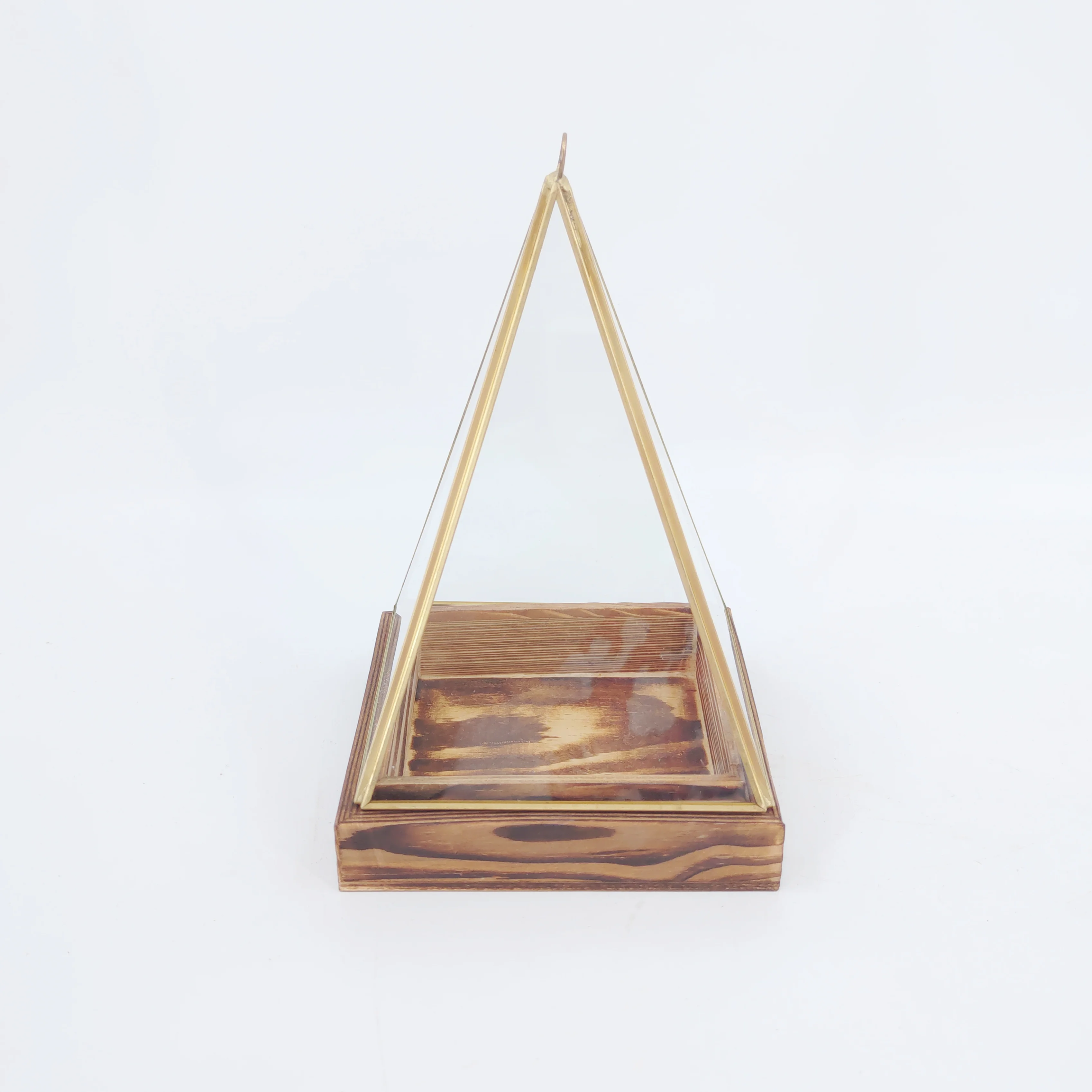 2023 wholesale high quality geometric glass terrarium with wood base golden edge triangle shape home table ornament