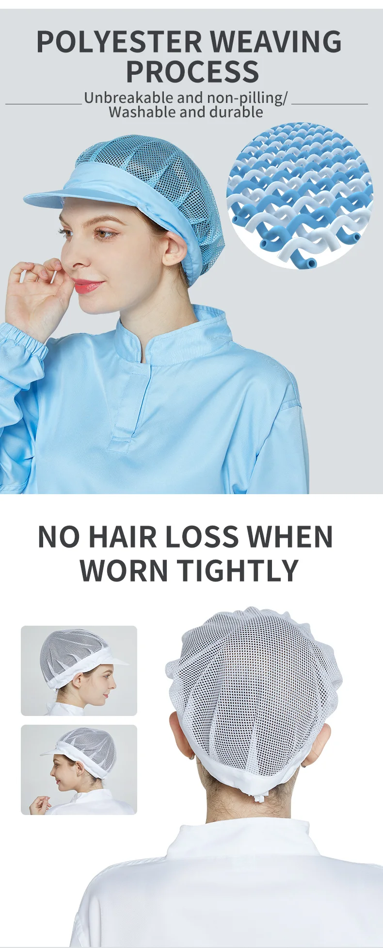 KL-3011 Breathable Food Processing Hat with Polyester-Cotton Mesh for Dustproof Protection in Blue and White One Size Fits All