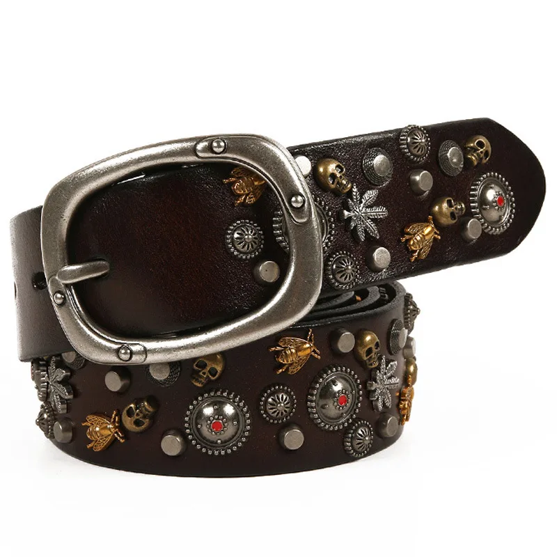 Punk Dark Rivets Rhinestone Belt Luxury Designer Leather Strap