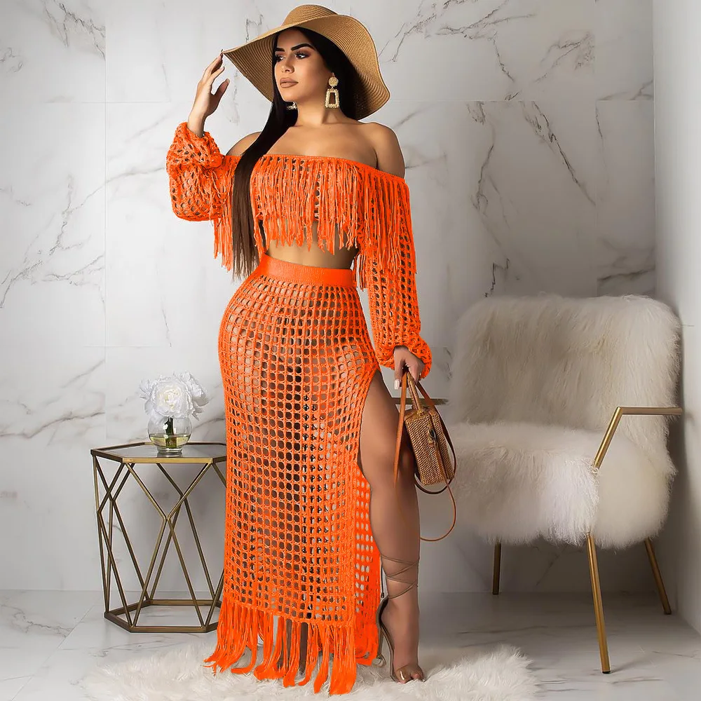 Plus Size Women Sexy Hollow Out 2 Piece Set off Shoulder Top and Long Dress  Swimsuit Cover up Dress Swim Bathing Suit Beach Wear