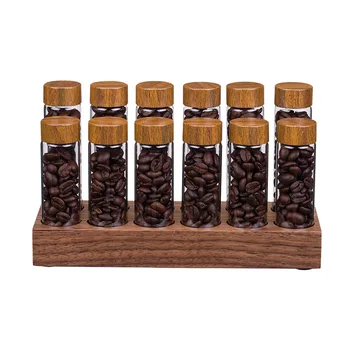 Coffee Bean Tubes Storage Containers with Walnut Wood Base Small Distributor Display Rack Stand Supplies Distribution Tool 20g