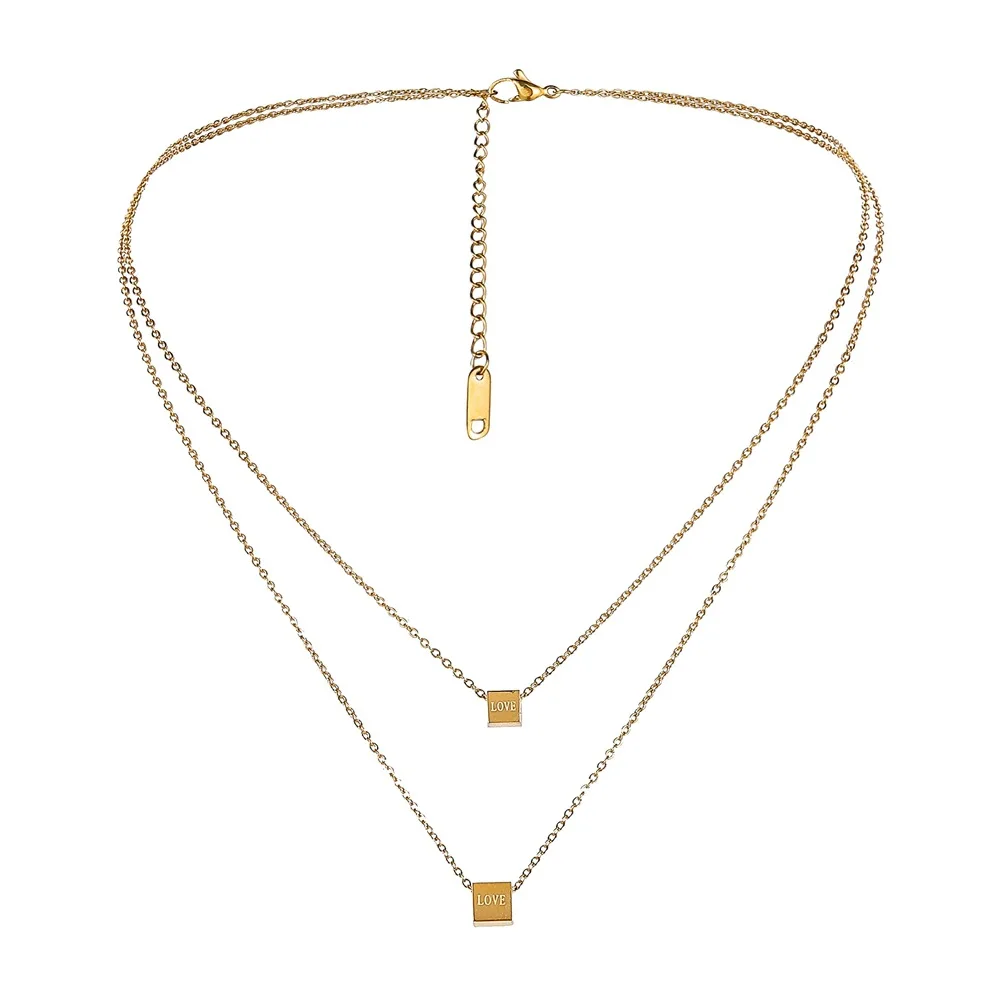 stainless steel gold double necklace geometric cube lettering