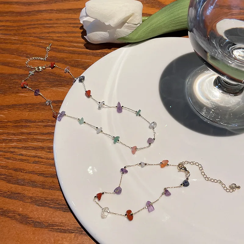 Rinhoo Delicate Colorful Natural Stone Choker Necklace Simple Link Chain Cute Women Girl Fashion Summer Necklaces