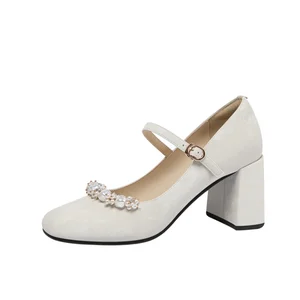 Elegant White  Leather Upper French Round-toe Beaded Mary Jane Shoes Elegant and Sweet with Thick Heels