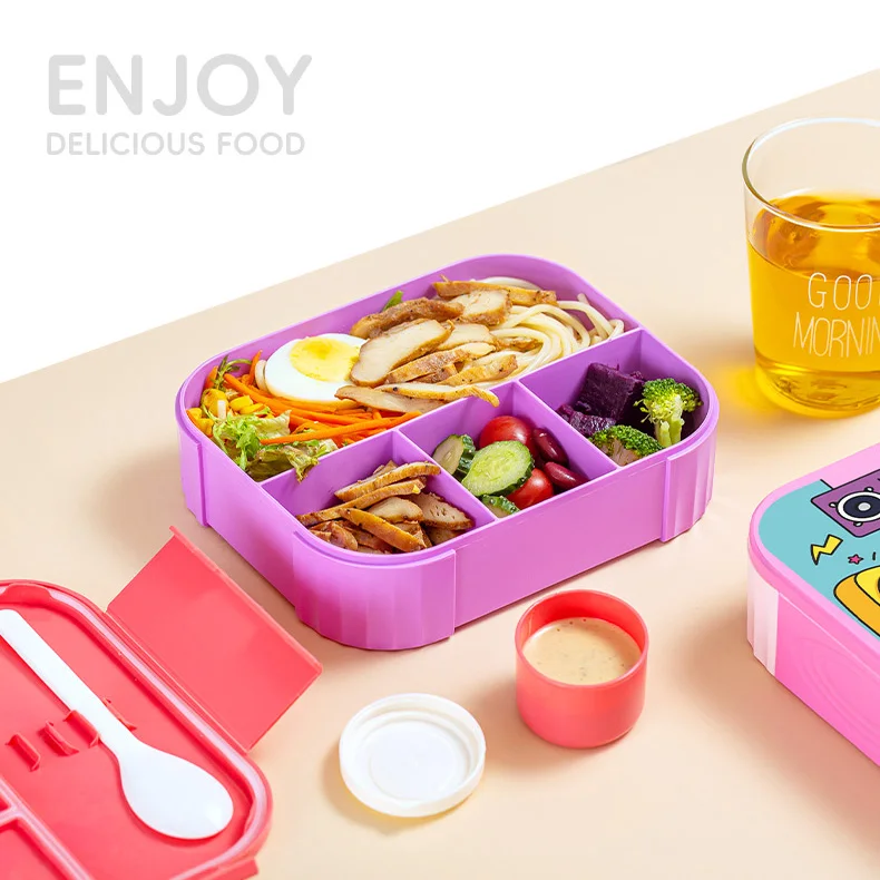 FDA LFGB CE CPC cartoon student kids 4 compartments leakproof plastic food grade lunch box with sauce box and cutlery 1200ml