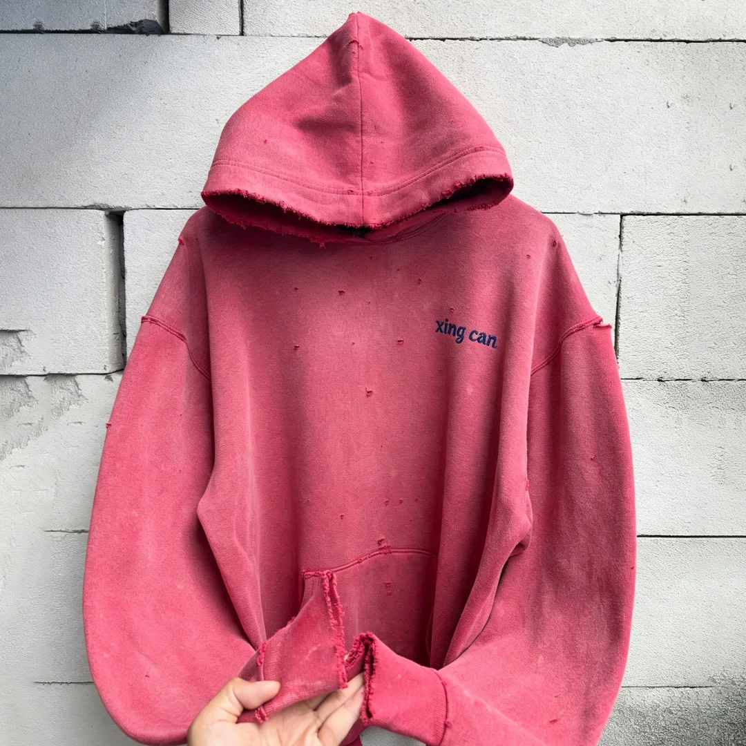 Aanpasbare 100% katoen straatdra-kapjas met vintagewas- en geskeurde effek, borduurwerk, losse oorspronklike pasvorm, raglanmoue, dik pullover, persoonlik