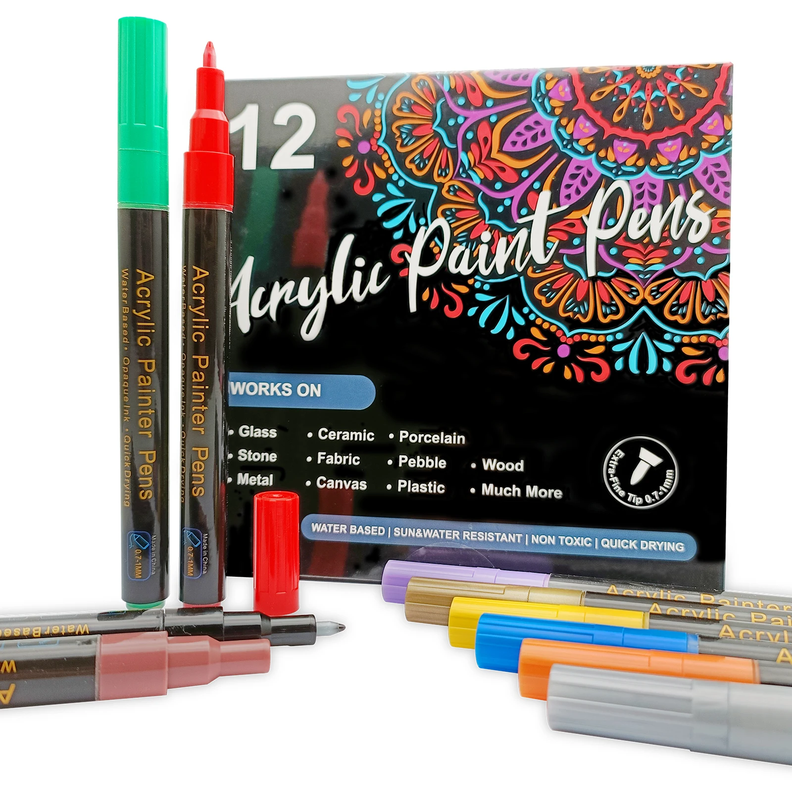 Acrylic Paint Pens for Fabric, Glass, Wood, Extra Fine Tip, 12