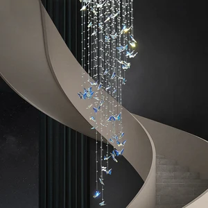 Decorative Villa Stairs Hotel Staircase Ceiling Long Spiral Modern Colorful Crystal butterfly Chandelier Pendant Light