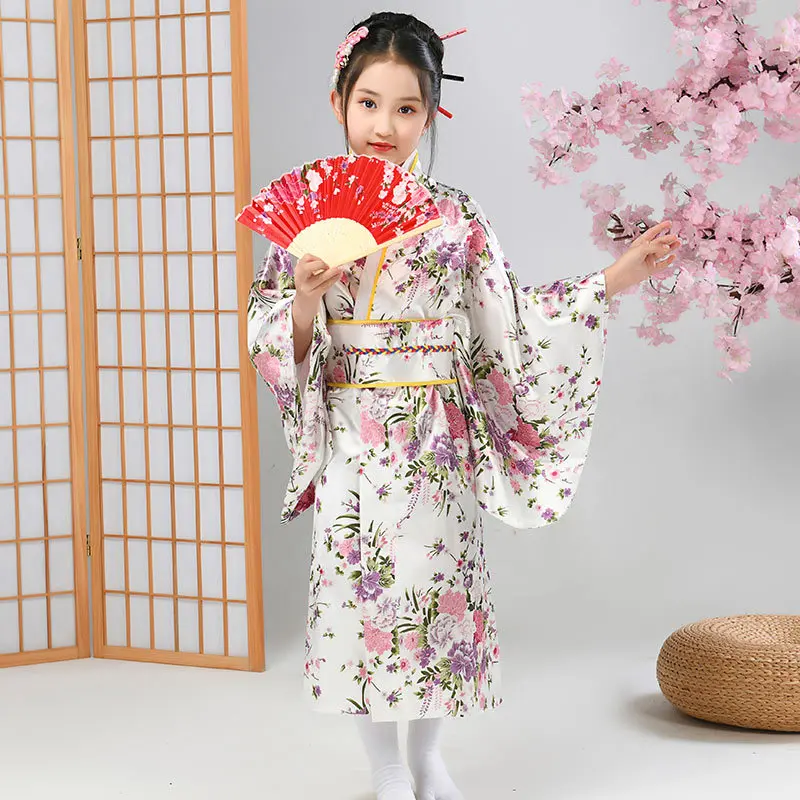 Robe Traditionnelle Japonaise Pour Fille - Kimono Patchwork En Satin - Taille Enfant Avec Ceinture Et Nœud