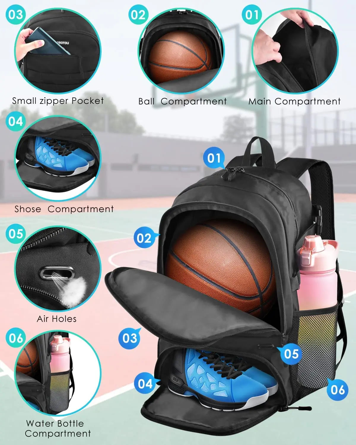 Sports Soccer Basketball Bag Volleyball Football Gym Backpack with Anti-Theft Zipper USB Port Polyester Lining Shoe Compartment