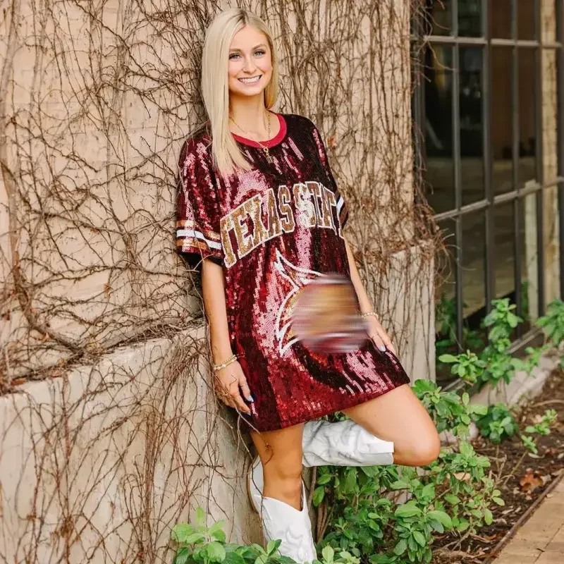 Wholesale Price Texas Sequin Dresses O Neck Loose Short Sleeves Team Logo Sequin Tops Lovely Red Gameday Sequined Mini Dress Wholesale Price Texas Sequin Dresses O Neck Loose Short Sleeves Team Logo Sequin Tops Lovely Red Gameday Sequined Mini Dress