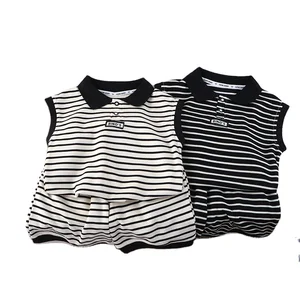 2026 Children's Summer Sleeveless Black and White Striped Suit with POLO Collar for Middle Boys and Girls