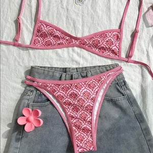 2026 New Cross-Border European American Hot-Selling Sexy Bikini Strapless Backless Tie Solid Pattern Bandeau Two-Piece Swimsuit