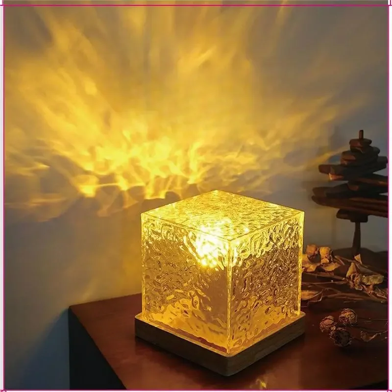 LED Night Light Rotating Water Ripple Effect Small Night Light Flame Atmosphere Light USB Power 5V Shadow Gift Desk Lamp