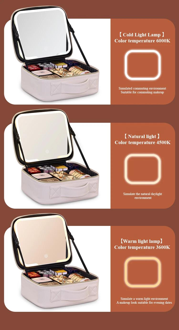 Travel Bags Box Led Light Large Capacity Makeup Case Storage Bag Waterproof PU Cosmetic Case with Led Lights and Mirror