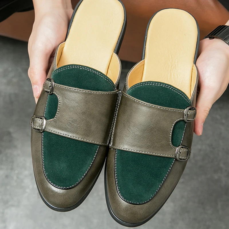 Double Monk Strap Shoes Green Color Suede Slip on Mules