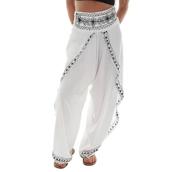 Custom Women's Boho Style Pants With Front Split 100% Rayon Embroidered Loose Wide Leg Trousers for Ladies Daily Wear