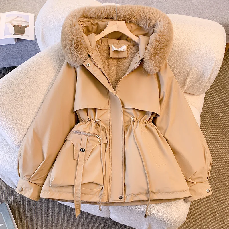 Korean Fleece Lined Fur Hood down Jacket Women Winter Warm