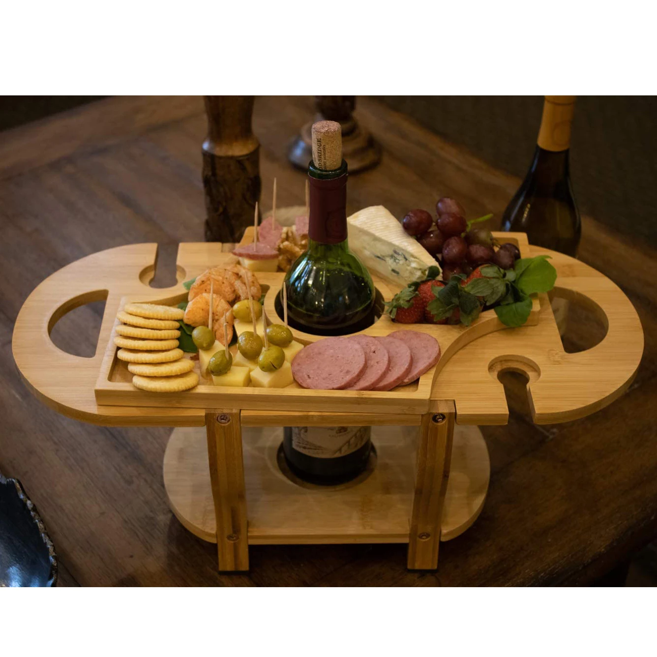 Bamboo Wine And Cheese Board Elegant Charcuterie Boards With Removable Tray Wine Glass Holder