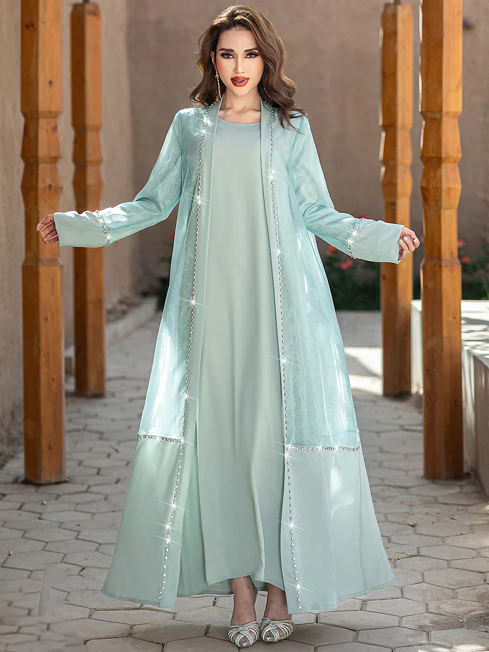 Fashion Abaya Women Muslim Dress Mint Green Organza Cardigan Inner Dress 2  Piece Abaya Set Summer Muslim Women Open Abaya Set