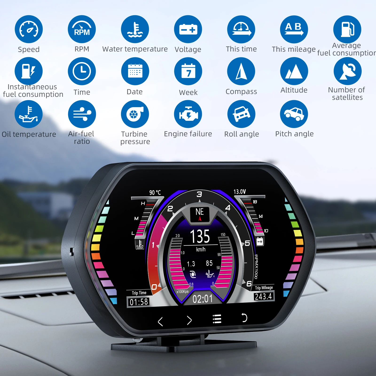 OBD2+GPS HUD Head-Up Display – Digital Speedometer, Water Temp, Slope Meter With Alarms