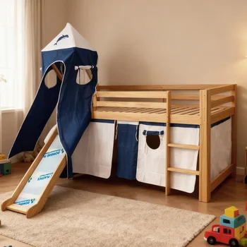 Modern Camping Cots Design Multifunctional Slide Single Wooden Kids Bunk Bed for Children with Stairs