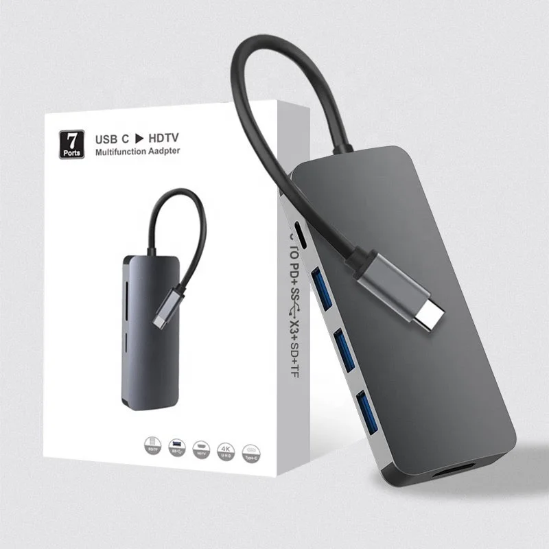 Chinese factory supplier supply  Aluminum 4k Hdtv Type-c To 7-in-1 Usb C Hub Adapter Type-c/sd Usbc To Multiport Adapter Usb Type C Hub - Buy Hdtv 4k@30hz 7-in-1 Hub Adapter 60w Pd Usb C To 4k Multiport Usb Hub Adapter Type C Usb Hub multiport Adapter Usb C Usb Hub Type-c Stand 7 Ports Hdtv Usb3.0 Sd/tf Card Reader Usb Hub Type-c 7 Ports Usb Hub With 4k Hd Usb-c Digital Av Multiport Adapter Usb3.0 Pd 100w Tf / Sd Usb Type C Hub With HDMI