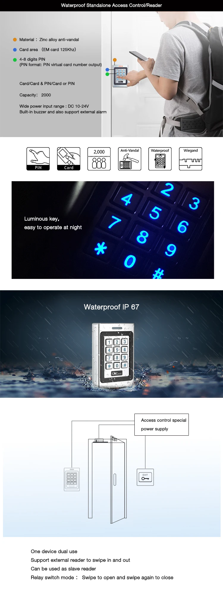 125KHZ EM Access Control Standalone WG26 Waterproof Keypad