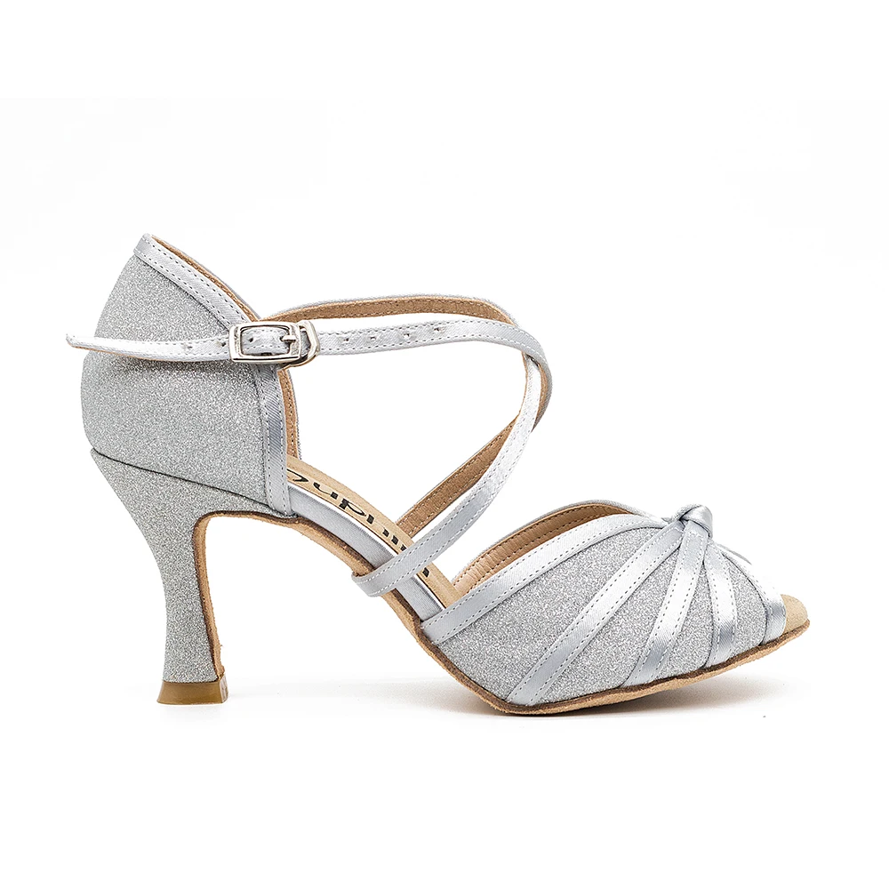 Серебристые Сатиновые блестящие женские сандалии для бальных танцев с открытым носком для латинских танцев сальса