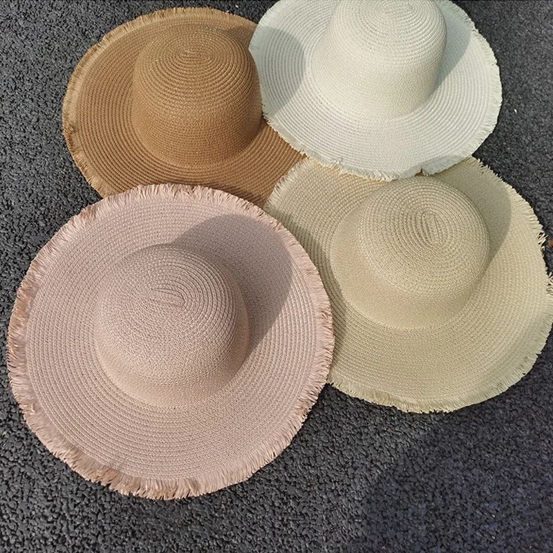Summer Woman Straw Hat Solid Color Wide Brim Dome Sun Hat Fringe Beach Cap Foldable