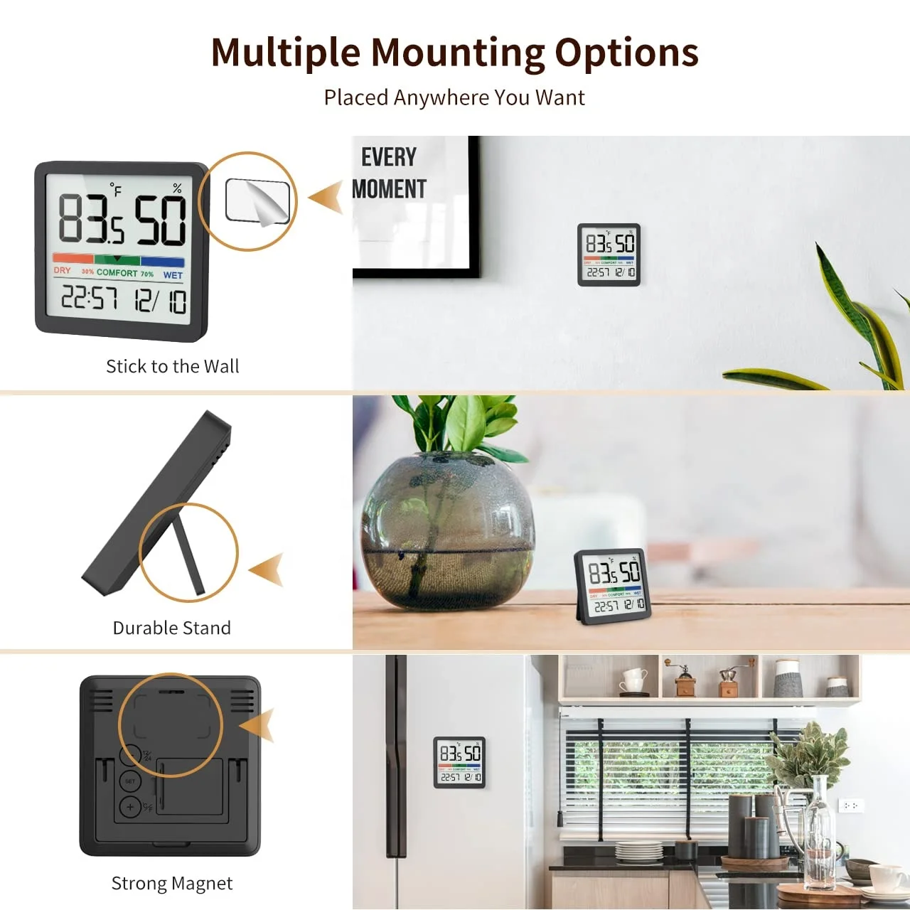 Magnetic LCD Digital Alarm Clock Large Screen Date Temperature Humidity Display Multi-functional Desk Refrigerator Wall Mounted