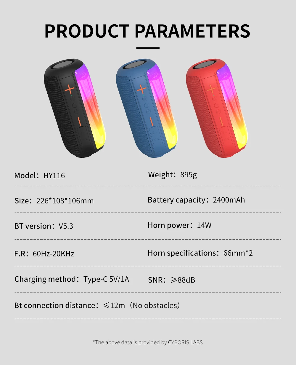 Portable Bluetooth Speaker with RGB LED Lights - 14W Sound