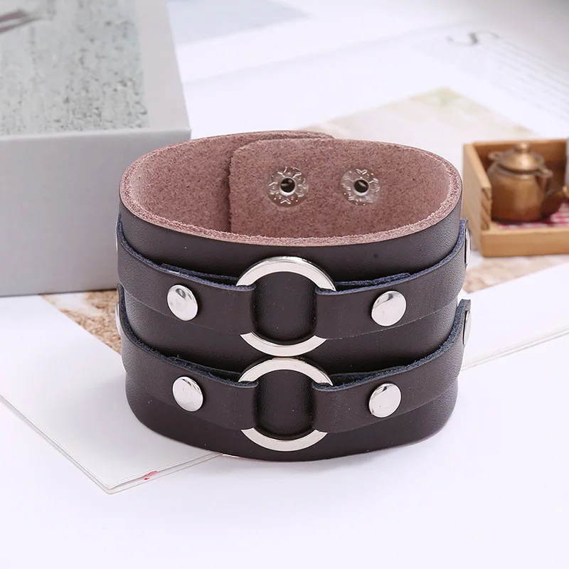 Latest Design Retro Men Simple Style Cowhide Double Loop Rock Wide Leather Bracelet