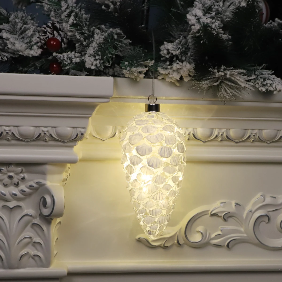 Hand painted LED lighted clear glass white colored Pinecone with fairy string Lights for sale details