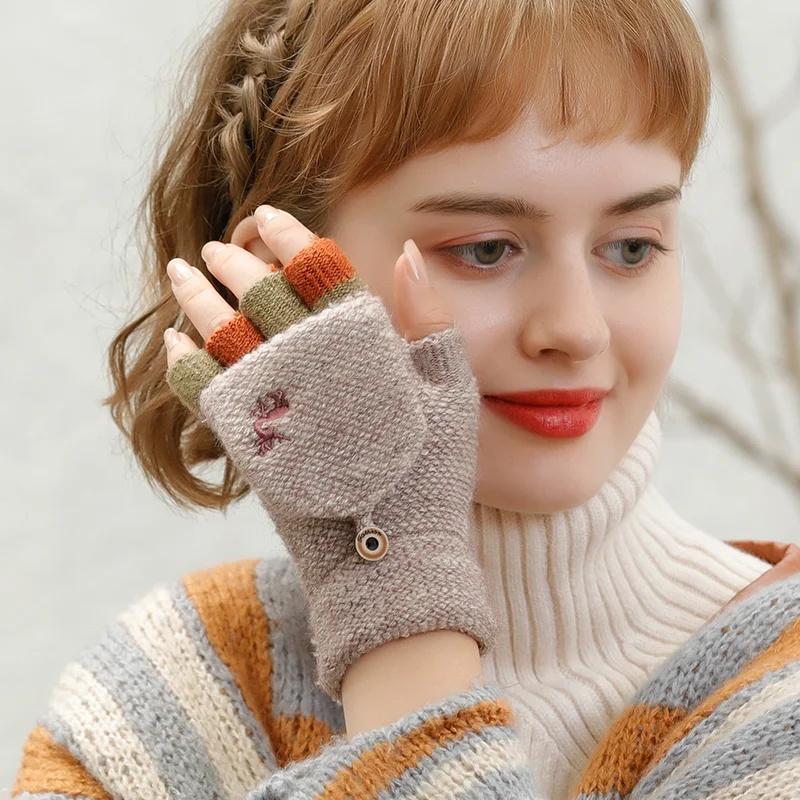Wholesale Fashion Cute Bike Riding Warm Fingerless Mittens Fall and Winter  Women Flip Knitted Gloves