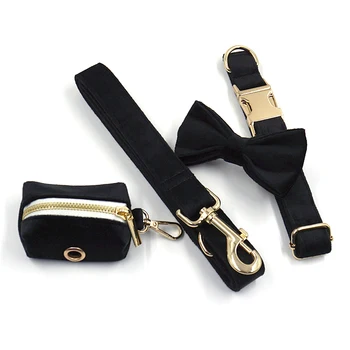 Heyri Pet Supplies Factory Custom Patterns Dog Harness Set Dog Collar Leash Bow Tie Poop Bag Holders Black Velvet Gold Buckle