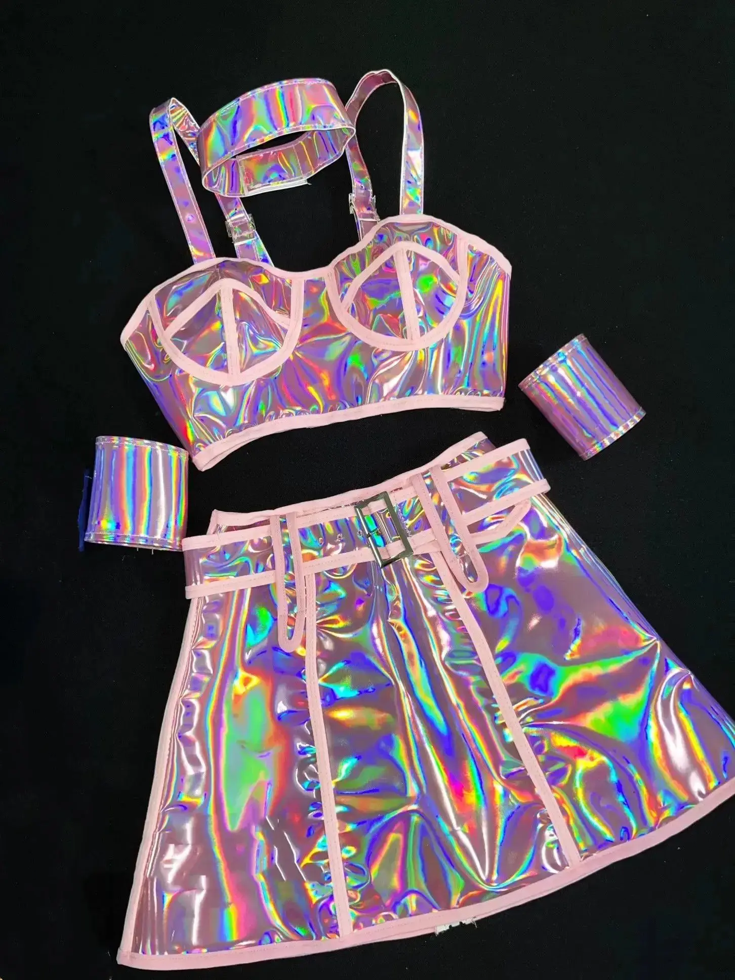 Club Party Carnival Rave Outfit - Pink Laser Tops Skirt