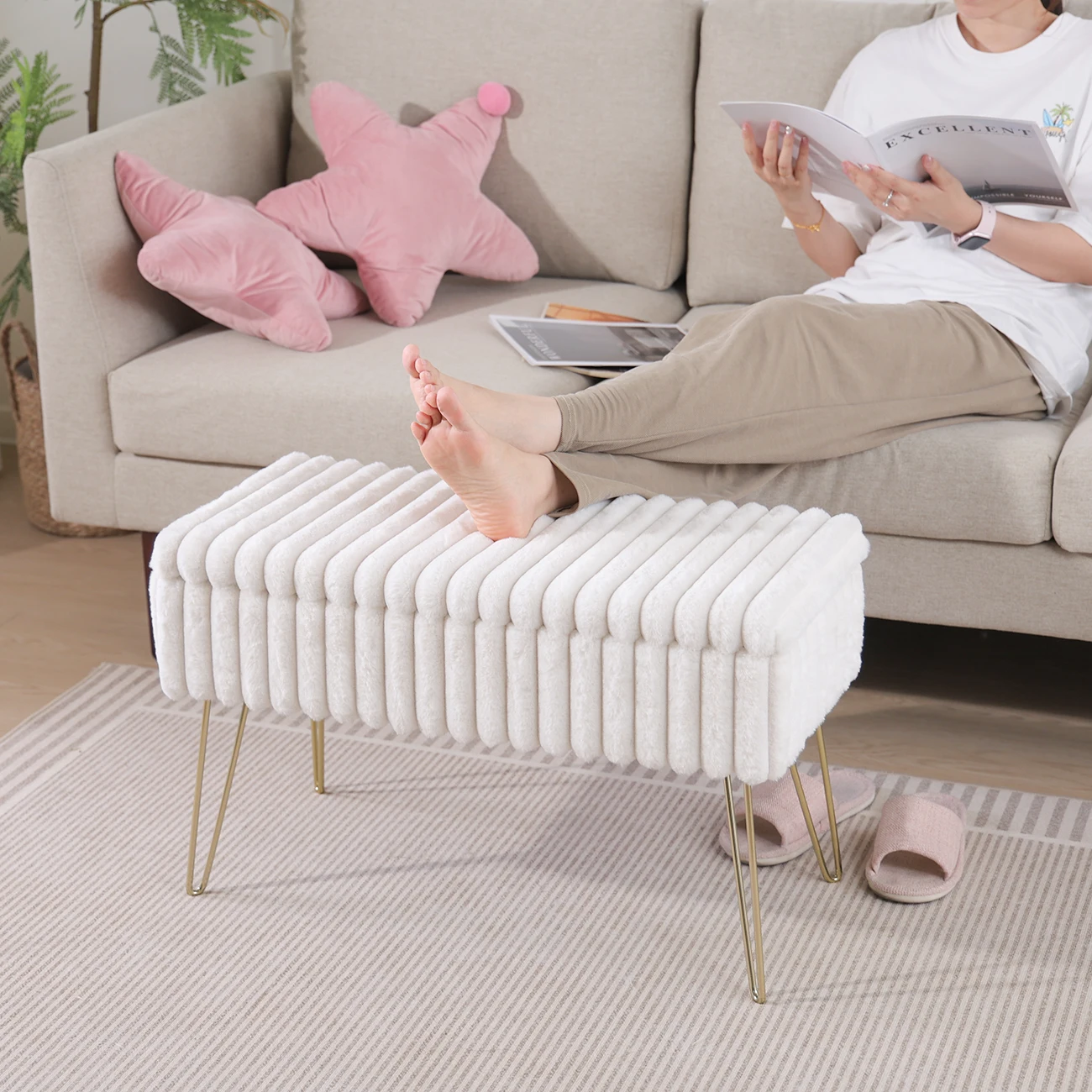 High Quality Modern Faux Fur Flip Top Storage Bench Bed End Stool Foot Rest for Bedroom and Living Room Entryway
